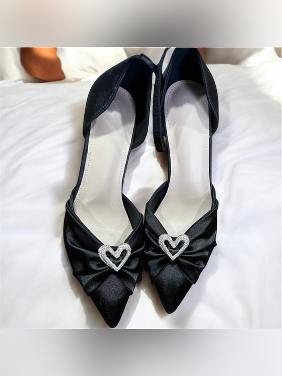 Korean Fashion⁠ Shoes - Brand New Elegant Black Satin Heels with Crystal Detail – Size 8